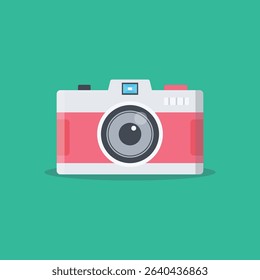 Flat design illustration of a vintage camera, presented against a simple, solid green background.  The camera is depicted in a classic vintage style