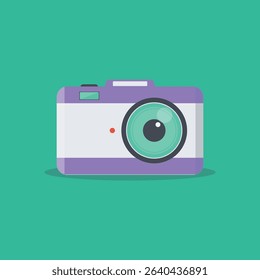 Flat design illustration of a vintage camera, in shades of purple and teal green, set against a teal-green background.  The camera design is simple and stylized.  