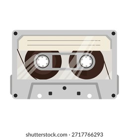 Una ilustración de diseño plano de una cinta de casete de audio compacto vintage. La carcasa de plástico gris presenta una ventana transparente que revela los carretes de cinta magnética marrón en el interior. Este formato de medios icónico fue popular en las décadas de 1980 y 1990 por grabar y reproducir música, evocando sentimientos de nostalgia por la tecnología retro y el sonido de la vieja escuela.
