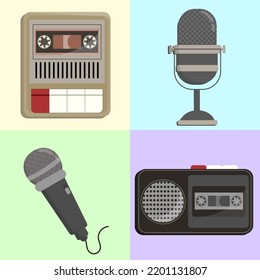 Flat Design Illustration Of Vintage Recorder Devices Set Elements. Voice Recorder, Podcast Mic, Microphone, And Tape Recorder.