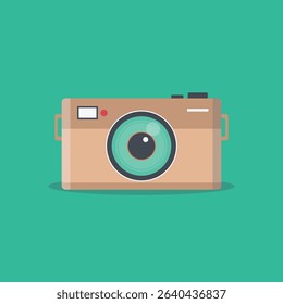 Flat design illustration of a vintage style camera with a teal colored lens against a teal background.  The camera has a light brownish-beige color.