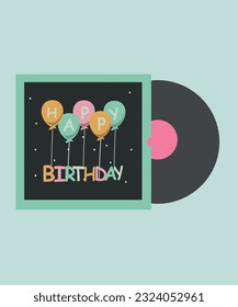  Flat Design Illustration with Vinyl Record Happy Birthday