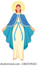 Flat design illustration of Virgin Mary with her arms open wide in welcoming gesture.