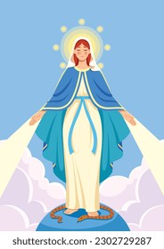 Flat design illustration of Virgin Mary with her arms open wide in welcoming gesture.