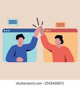Flat Design Illustration of Virtual Collaboration, Two People High-Fiving Through Online Windows. Vector Art Representing Remote Teamwork, Digital Communication, and Online Connection
