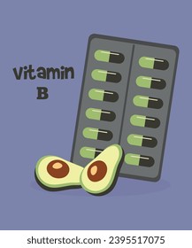 Flaches Design mit Vitamin B Pack auf Tisch und Avocado