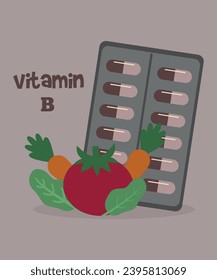 Flat Design Illustration with Vitamin B Pack on Table and Vegetable