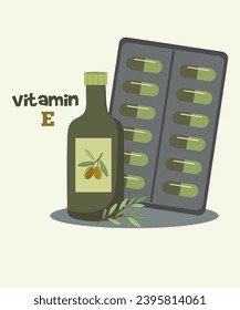  Flaches Design mit Vitamin E Packung auf Tisch und Olivenöl