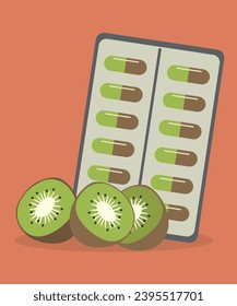 Flat Design Illustration with Vitamin Pack on Table and Kiwi