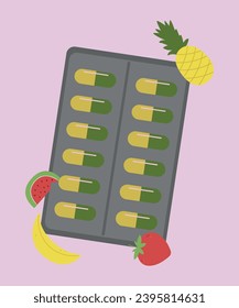  Flaches Design mit Vitamin Pack auf Tisch und Obst