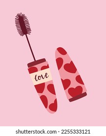  Flat Design Illustration with Volum Lash Mascara in a Love Heart Bottle Pattern