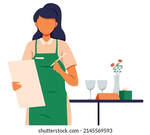 Flat design illustration of waitress taking order in a restaurant.