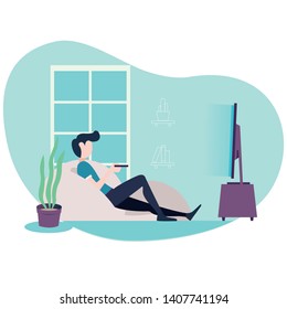 flat design illustration of watching television at home