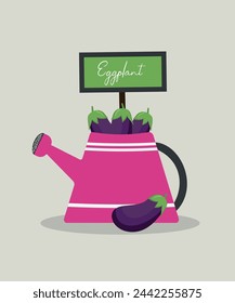 Flat Design Illustration with Watering Can at Eggplant