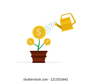 flat design illustration of watering a plant in a pot that growing money or coin, illustration of a growing investment , good business, profit