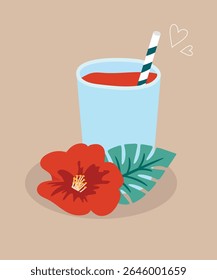 Flat Design Illustration with Watermelon at Cup and Flower, Tropical