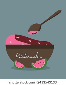  Flat Design Illustration with Watermelon Jam at Plate and Spoon