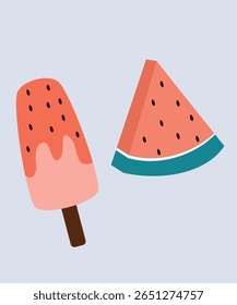 Ilustración de diseño plano con rebanada de sandía, helado de sandía 