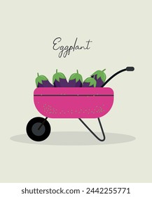 Flat Design Illustration with Wheel Barrow at Eggplant