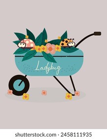 Ilustración de diseño plano con carretilla en Ladybug