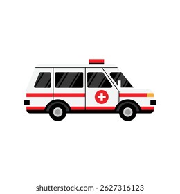 Flat design illustration of a white ambulance with red stripe and cross symbol, ideal for medical and emergency themes.