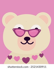  Flat Design Illustration with White Bear Wear Sunglasses and Love Decoration
