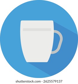 Flat design illustration of a white mug with a handle on a blue circular background.