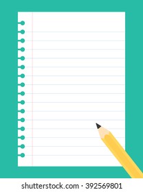 Flat design illustration of white notebook paper sheet with yellow pencil on green background.