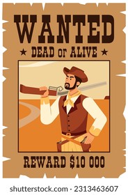 Flaches Design Illustration von Wild West wollte totes oder lebendiges Poster, mit dem Porträt von Cowboy-Verbrecher und Bargeld Belohnung.