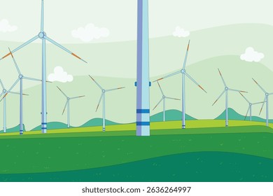 Flat design illustration of a wind farm in a green hilly landscape with clear sky. Ideal for clean energy, sustainability, environment, and renewable power themed projects or campaigns.