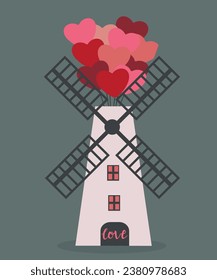 Flat Design Illustration with Windmill and Love Balloons