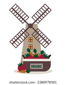 Flat Design Illustration with Windmill and Organic Basket Vegetables