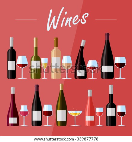Flat design illustration of wine bottles and glasses with various types of wine