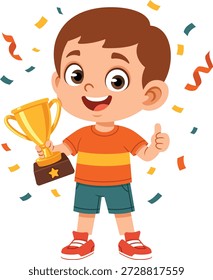 Flat design illustration of a winning boy character holding a trophy. This pose represents success, achievement, victory, and celebration, making it ideal for children’s educational content, school achievements, competition results, motivation materials, awards visuals, and storytelling projects. The clean flat style and cheerful character expression make it suitable for kid focused designs, posters, presentations, websites, learning apps, and mascot illustrations.