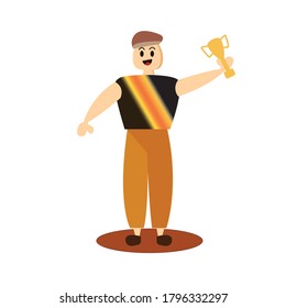 Flat design illustration of a winning man holding a trophy. Perfect to use for winning / achievement illustration, books, etc