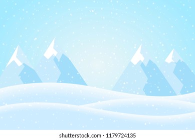 Flat design illustration of a winter mountain landscape with hills, blue sky and snow, suitable as Christmas or New Year greeting card - vector