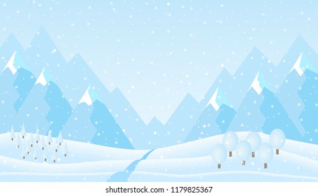 Flat design illustration of winter mountain landscape with hills, trees under blue sky and snow, suitable as Christmas or New Year greeting card - vector