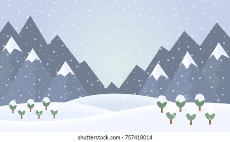 Flat design illustration of winter mountain landscape with trees and snow - vector