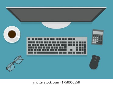 Flat design illustration of wireless computer keyboard on office desk. Monitor with blank screen, mouse and calculator next to a cup of coffee - vector