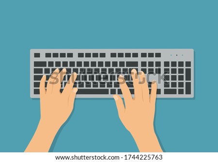 Flat design illustration of wireless computer keyboard on office desk. Hands writing text - vector