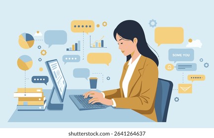 Flat design illustration of a woman actively studying online, or working remotely, digital data elements and learning. Suitable for online education materials, webinars, or digital learning concepts