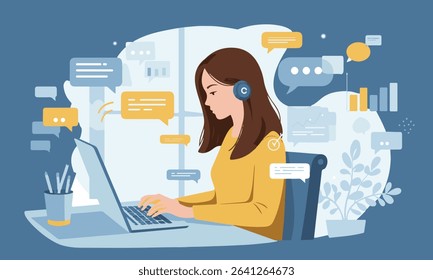 Flat design illustration of a woman actively studying online, or working remotely, digital data elements and learning. Suitable for online education materials, webinars, or digital learning concepts