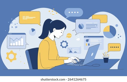 Flat design illustration of a woman actively studying online, or working remotely, digital data elements and learning. Suitable for online education materials, webinars, or digital learning concepts