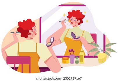 Flat design illustration of woman applying makeup in front of big mirror, surrounded by various beauty and makeup products.