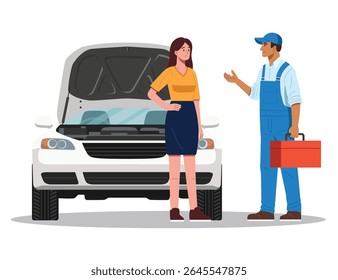 Ilustração de design plano de uma mulher com um carro quebrado falando com um mecânico segurando uma caixa de ferramentas.