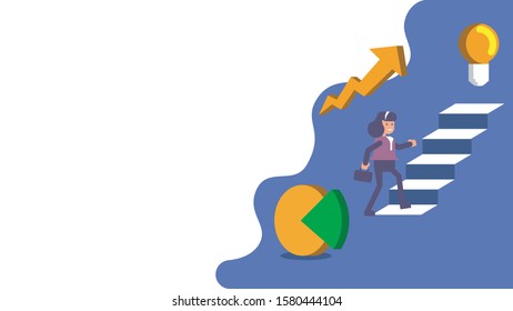 Flat Design Illustration of a Woman Climbing Ladder Towards a Lightbulb with Pie Charts and Rising Up Arrow