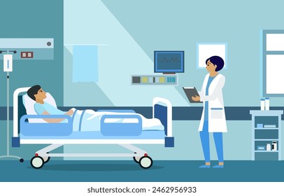 Flat Design Illustration of Woman Doctor Check Patient Health in Hospital Inpatient Room