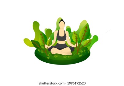 Flat design illustration a woman doing yoga poses meditation in the outdoors.