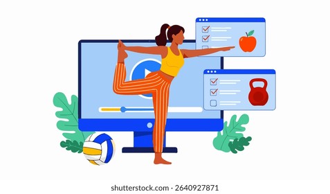 Flat Design Illustration of Woman Doing Yoga Pose with Online Fitness Interface and Wellness Icons	
