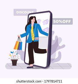 Flaches Design Illustration einer Frau ist eine große Gadget-Ikone, die Einkaufstaschen trägt. Online-Shopp, Werbung